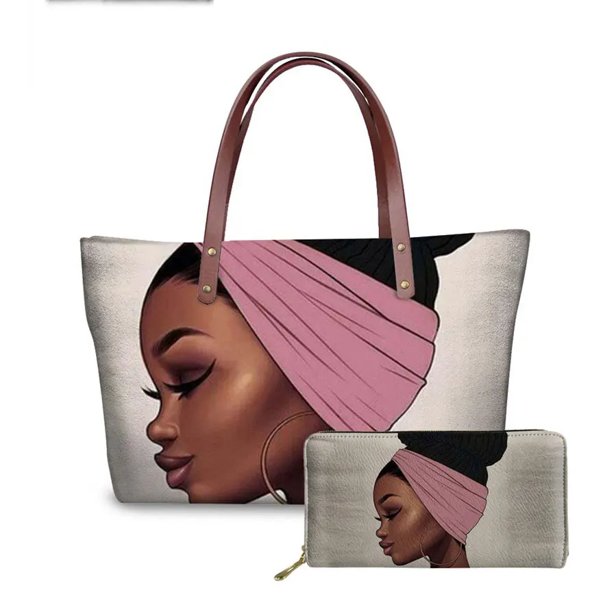 

Hot sale 2pcs/set handbags for women Black Art African Girl Printing purses Ladies Ethnic Top-Handle Bags bolsa feminina