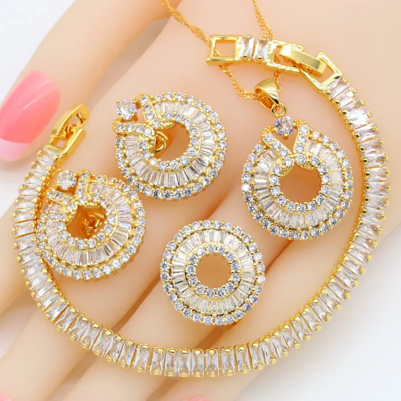 

Geometric White Topaz Gold Jewelry Sets for Women Bracelet Necklace Pendant Earrings Ring Gift Box
