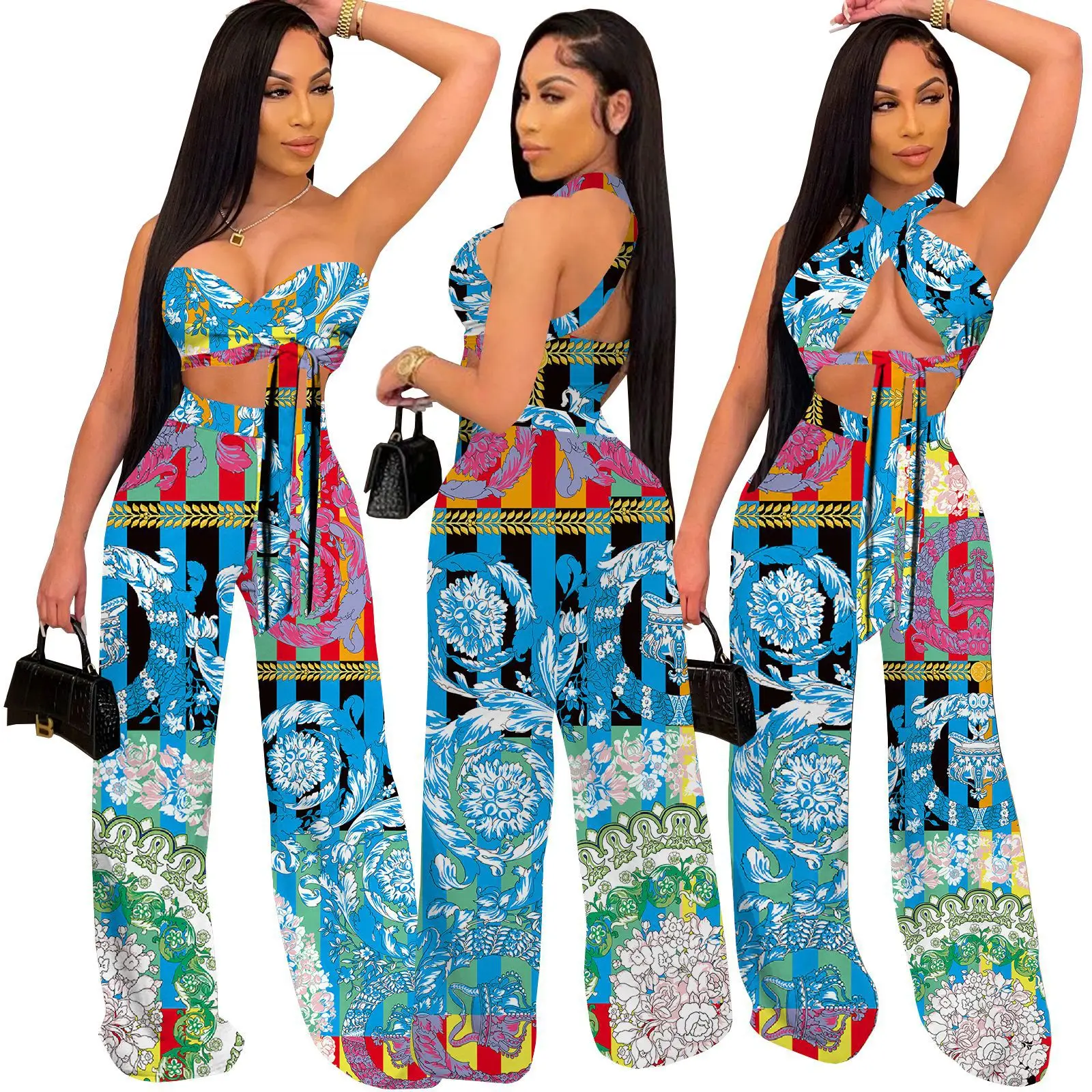 

GX4253 2021 Hot Sale Sexy Halter Top Fashionable Loose Floral Print Clothing Pant Outfits Plus Size Women Two Piece Pants Set, Picture