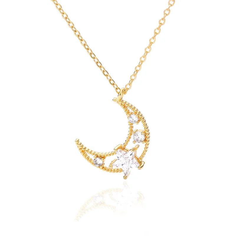 

New Moon Star Crystal Gold Necklace Plating Jewelry Women Girls Islam Jewellery Vendor Yiwu Manufacturer