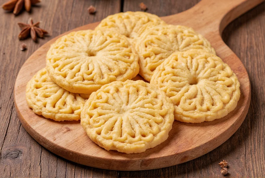 Traditional Italian pizzelle cookies with anise flavor arranged on a rustic wooden board