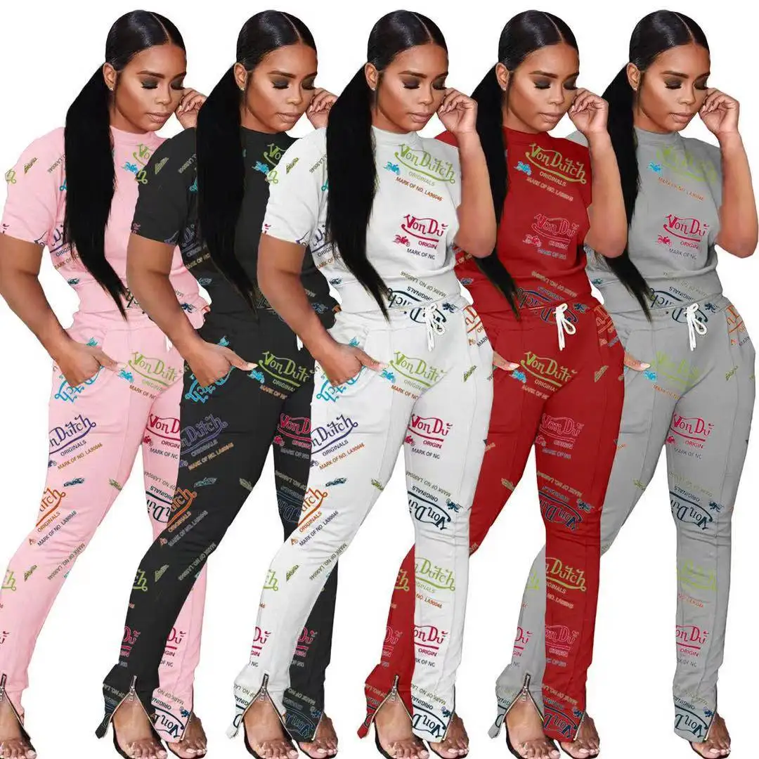 

2021 new arrivals Fashionable cotton von dutch sweatsuits Graffiti short sleeve two piece pants set women casual streetwear, 5 colors as picture