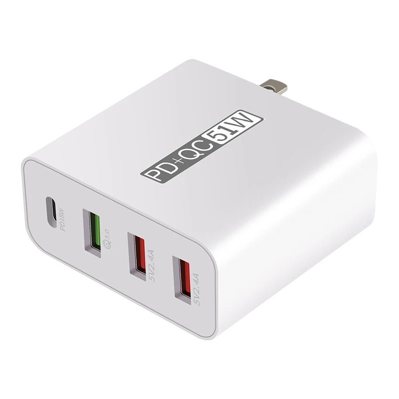 

4 port USB travel charger 51W USB charger PD charger 18W 15W QC3.0 fast charging 5V2.4A for iphone 12 portable mini uk us plug