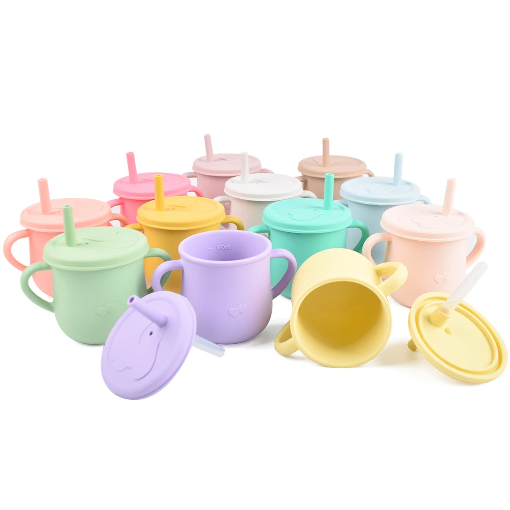 

7oz Dishwasher Safe Portable Unbreakable Kids Toddler Baby Training Silicone Water Drinking Sippy Cup With Straw and Handle