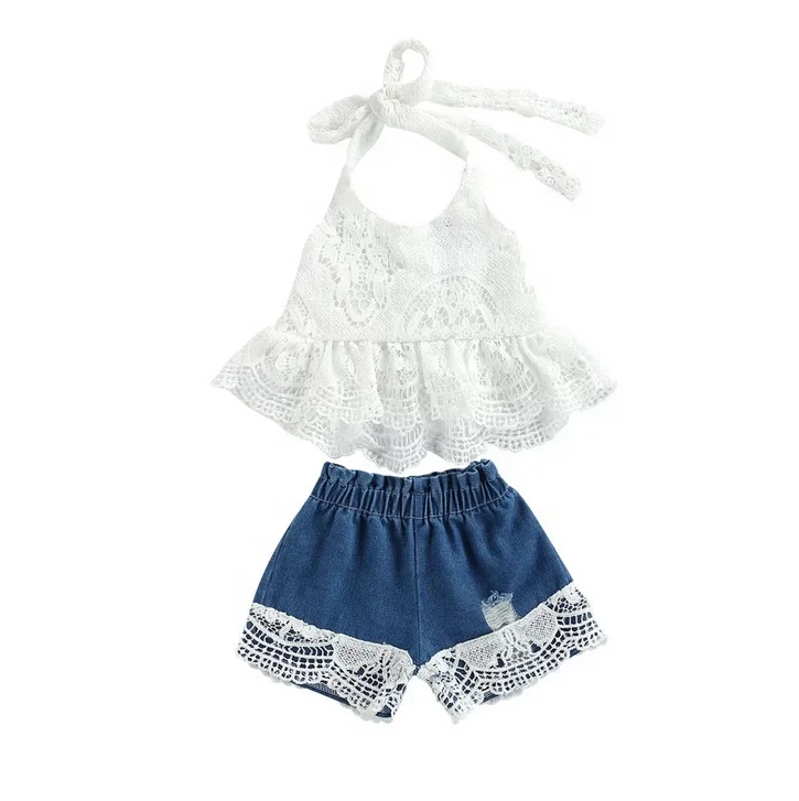 

New red white plaid print halter backless newborn cute baby clothes gift sets with denim ripple short