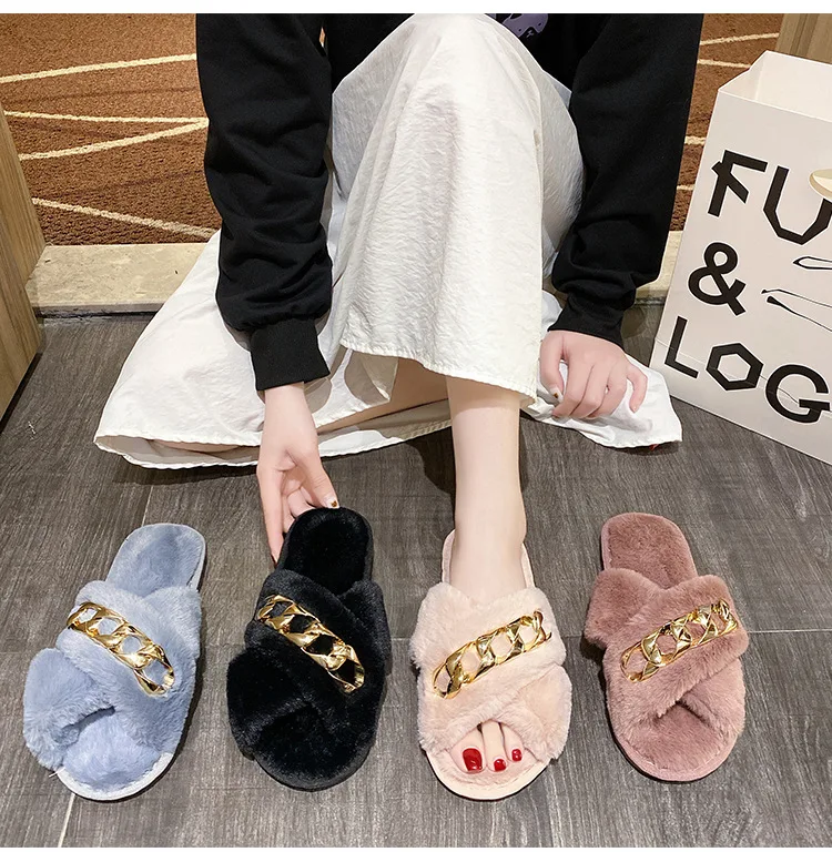 

Fashion custom chain plush furry fuzzy house indoor outdoor comfy slipper sandals for women