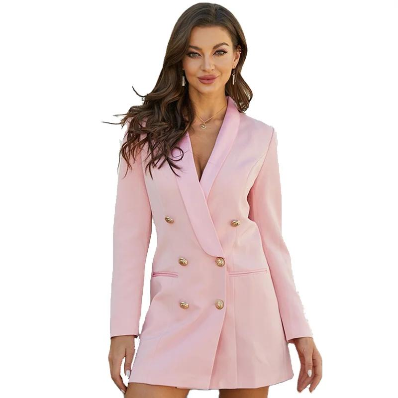 

2022 new arrivals Double-breasted gold button shawl collar slim fit women blazer suit dresses