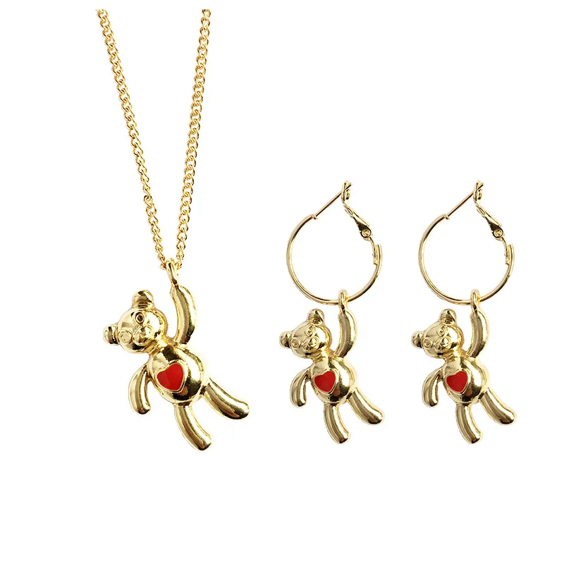 

Cute Necklace Earrings Jewelry Set Little Red Heart Little Bear Shape Long Necklace Hoop Earrings, Gold color