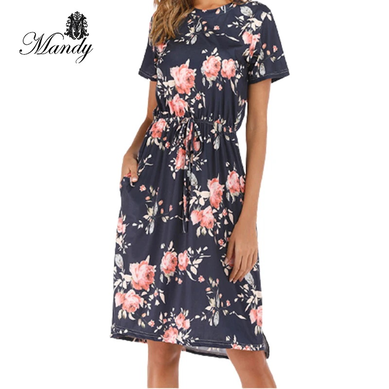 

2021 floral summer dresses rose printed patterns for knitting ribbed dress