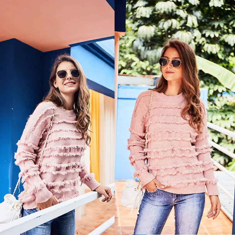 

factory winter long sleeve pink polyester knitting sweater pullover for women plus size casual t-shirt