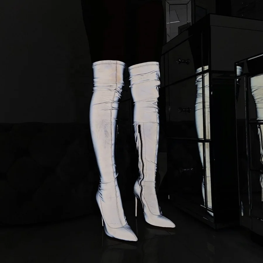 

New arrival pointed toe reflective thing high stiletto heel boots