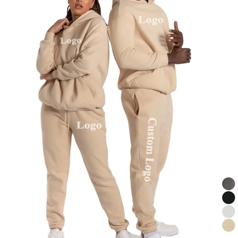 

Custom Logo Sportswear Sweat Suits White Cotton Hoodie and Jogger Sets Unisex Men Women Sweatsuit Tracksuit Set Jogging Suit, 4 colors