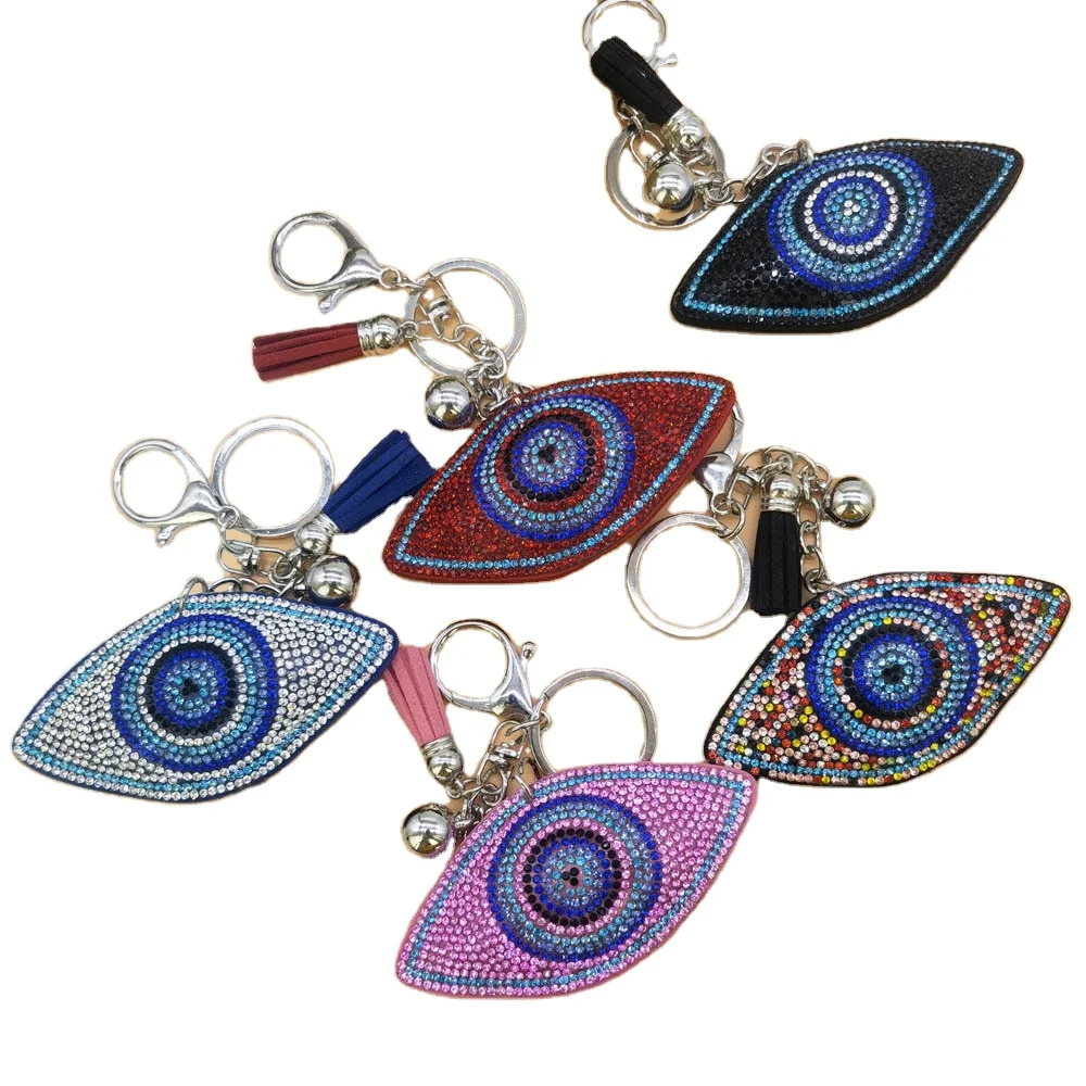 

New Design Evil's eye Keychain Wholesale Colorful red /pink/black turquoise eye shape Pendant Keychain With Tassel Leather