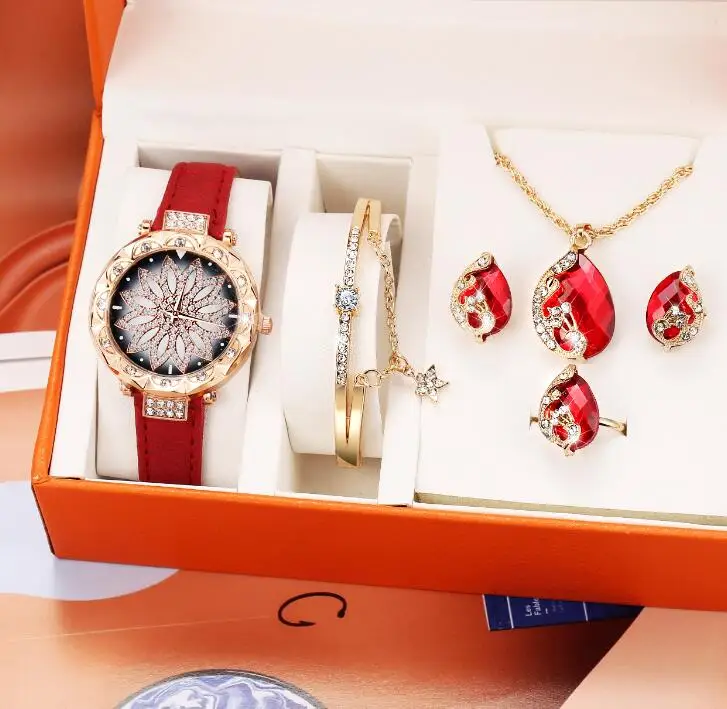 

2021 Hot Selling 6 Pcs PU Watch Set Colorful Drop Pendants Earrings Bangle Jewelry Set for Women