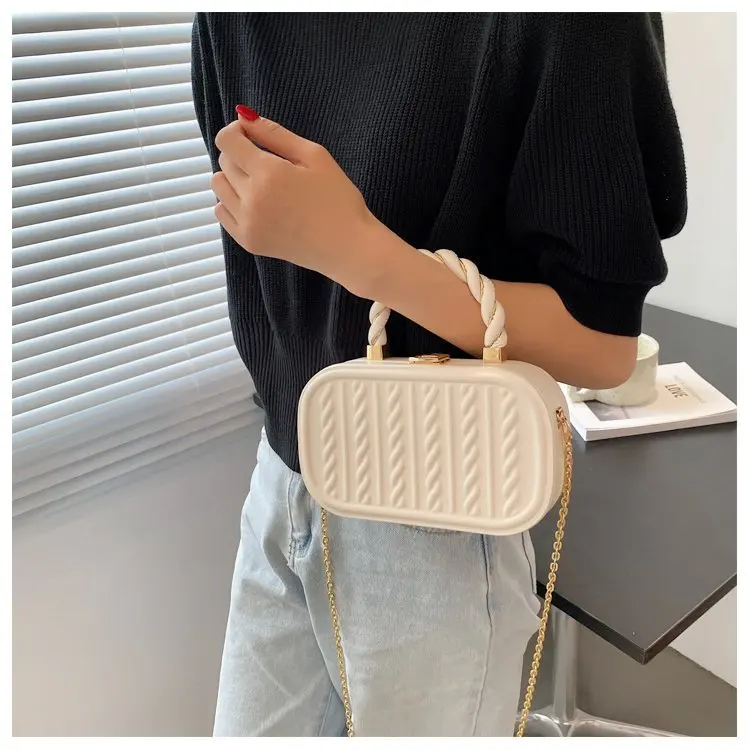 

design women solid color rope handle mini chain handbags ladies shoulder crossbody box purse 2021
