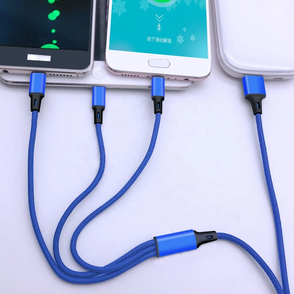 
Nylon Braided Multiple heads Mobile Phone Charger 3 in 1 USB Cable with 3 heads 
