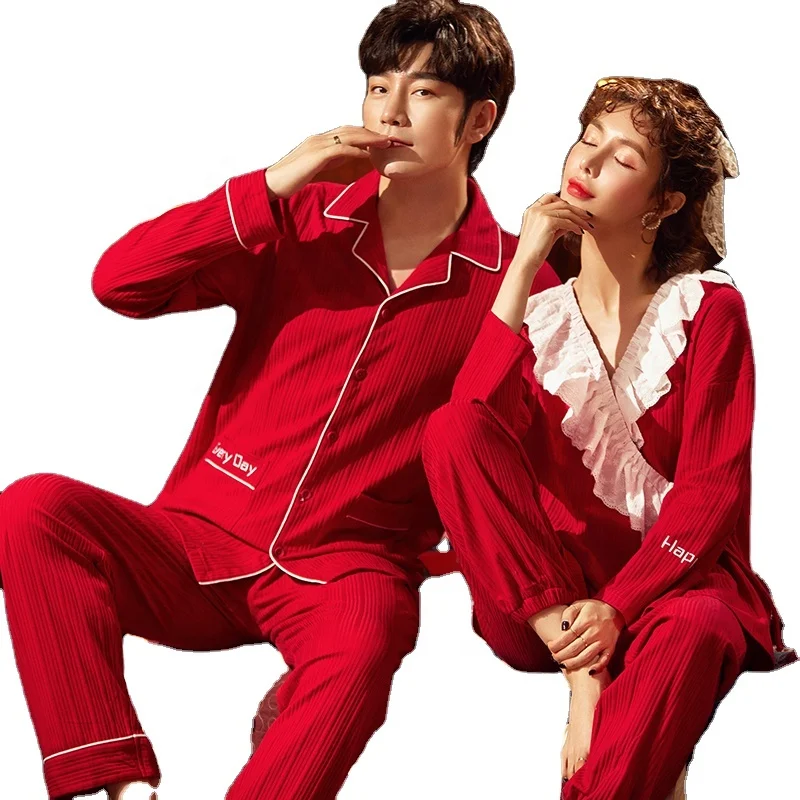 

Christmas Adult Sleepwear Lovers Winter Thermal Pyjamas Red Colors Cute Couple Pure Cotton Pijamas Set