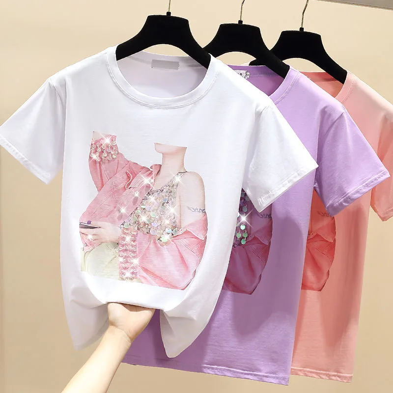

2022 Stylish Street-style Women's T-shirts Print short-sleeved, o-collar women's shirt patterns for women