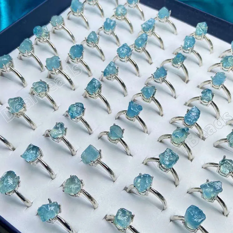 

Natural Raw Aquamarine Adjustable Crystal Ring Genuine Rough Blue Aquamarine Gemstone Stone Rings