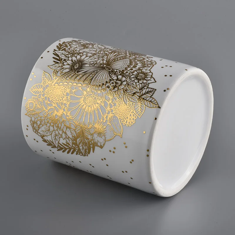 white ceramic candle jars with gold printing for Christmas