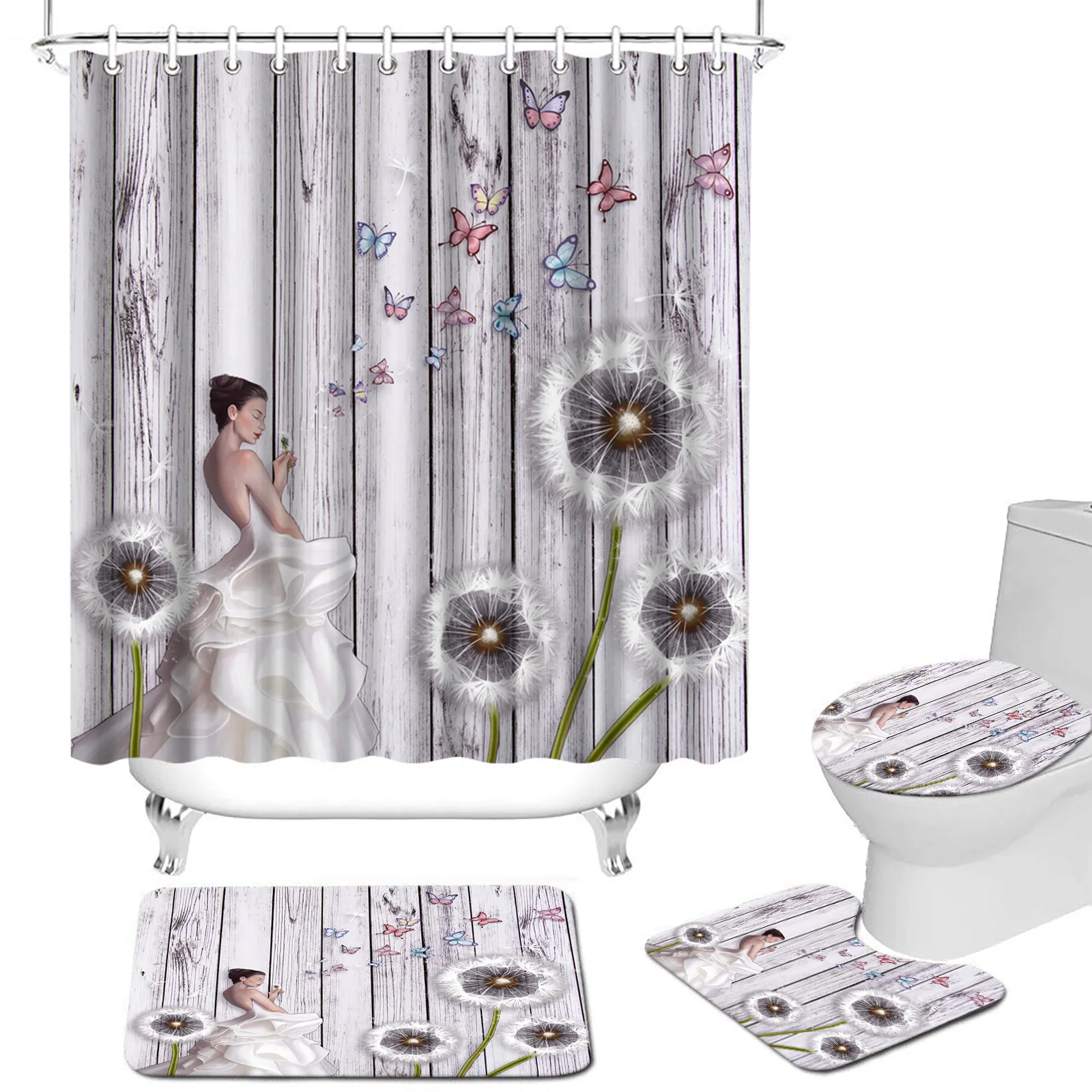 

4pcs Fashion African Style Beautiful Girl Butterfly Dandelion Bathroom Bath Washroom Shower Curtain Set With Hook Hanging, Customized color