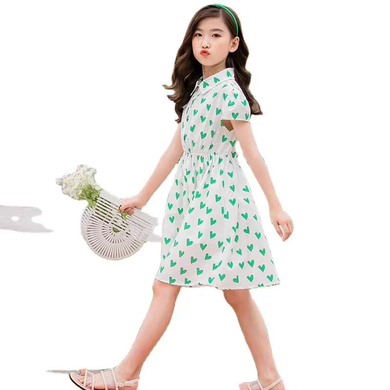 

Girls' dress summer 2020 new cotton lapel skirt, big kids Korean cotton skirt