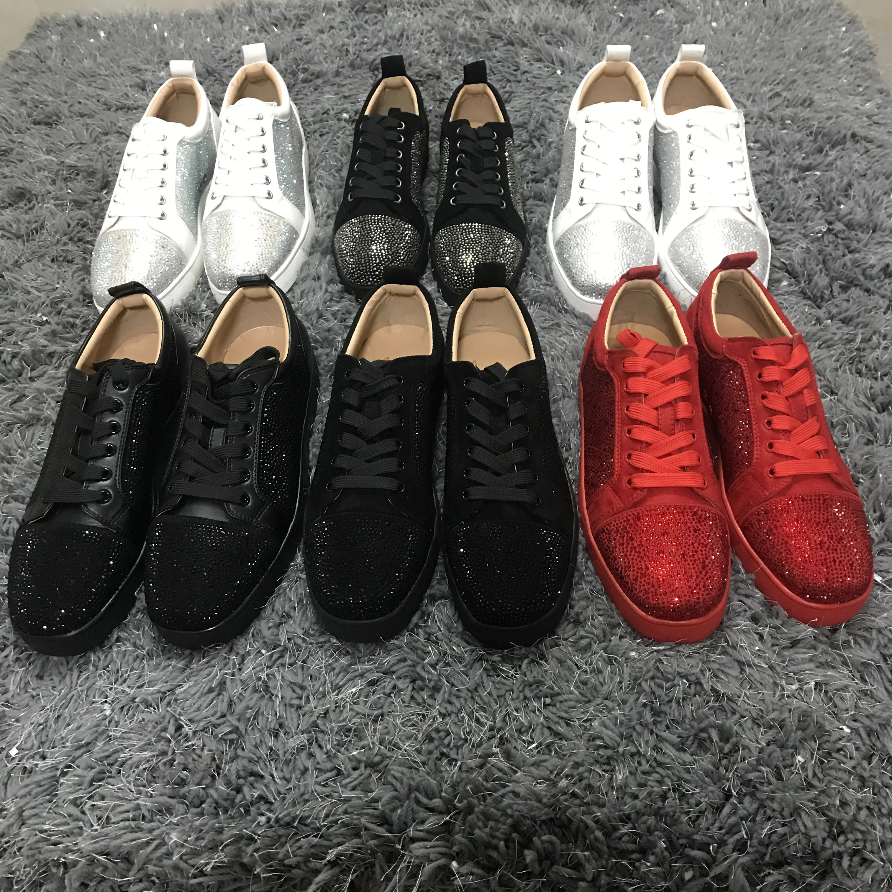 

Wholesale Genuine Leather Rhinestones Brand Red Bottom Men Shoes Famous Brands for Women Luxury Designer Sneakers, Black,red,white