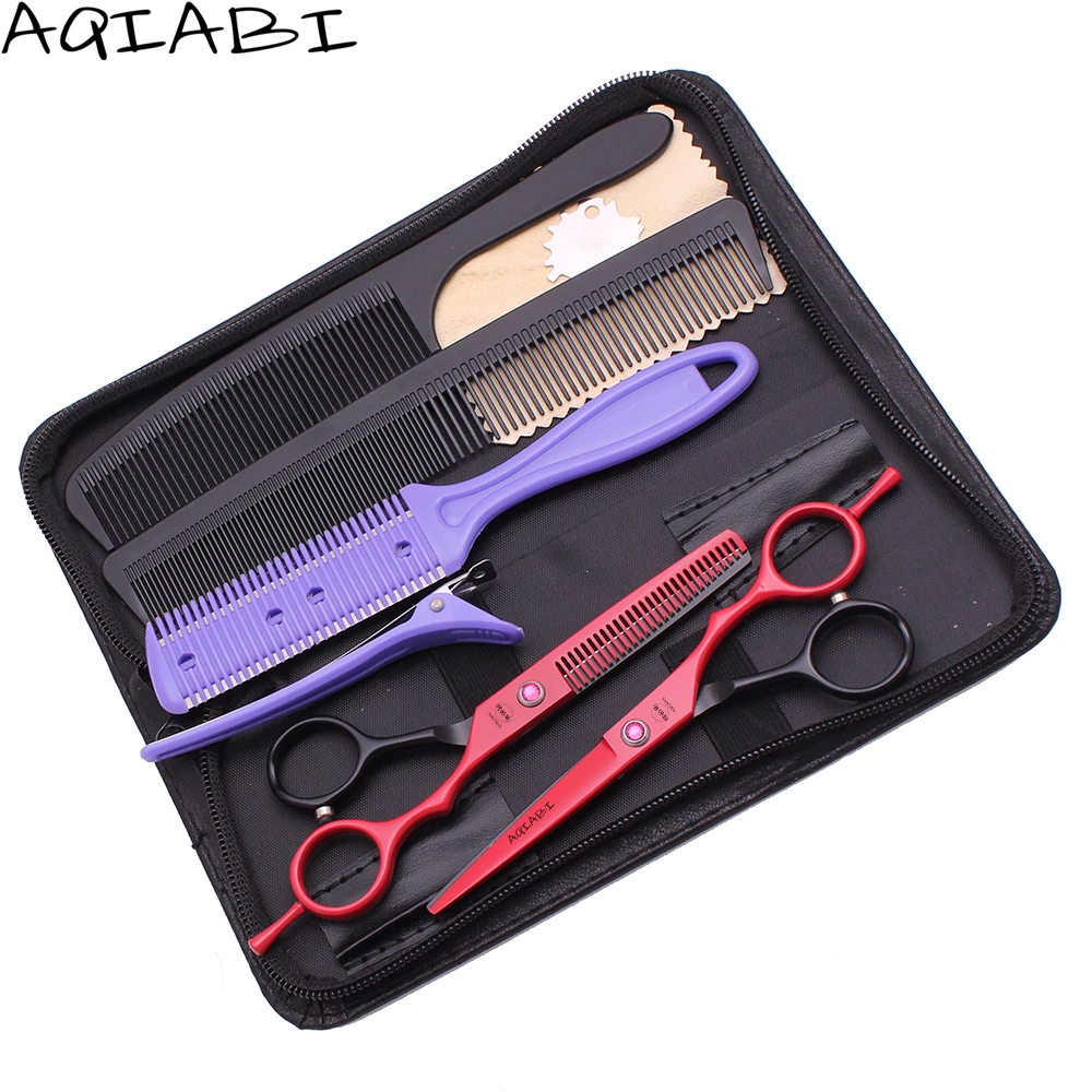 

Barber Set 5.5" AQIABI Japanese Steel Hair Cutting Scissors Thinning Shears Professional Hairsressing Scissors A1013, Red and black