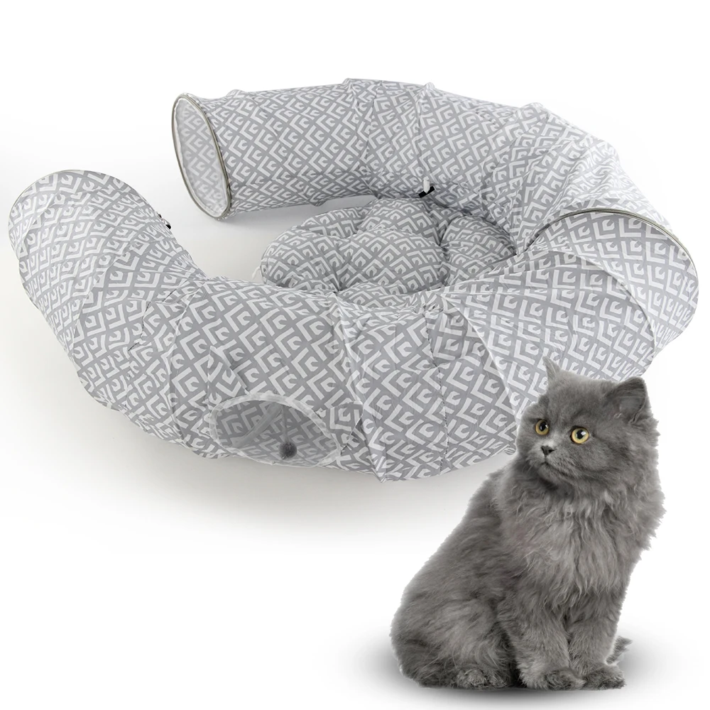

High Quality Interactive Pet Collapsible Cat Tunnel Big Cat Toys Foldable Cat Tunnel Play Track Toy Bed Tubes Bed, Gray and white