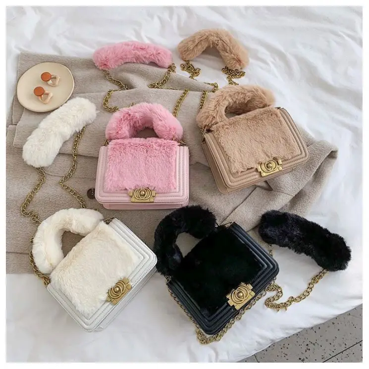 

2020 Fashion hand bag Winter fur Purses and Handbags for Women, Black,white,brown,pink