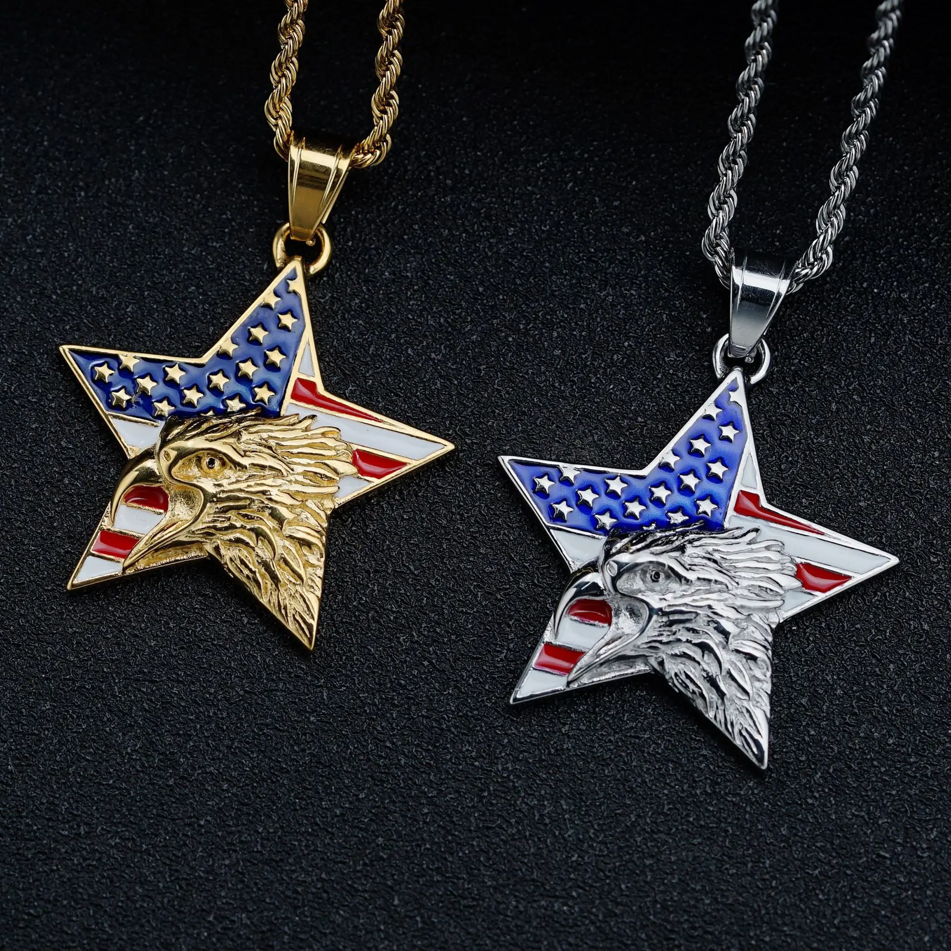 

2023 Hiphop Popular Titanium Steel Five pointed star Pendant Rope Chain Necklace National Flag Eagle Diamond Necklaces