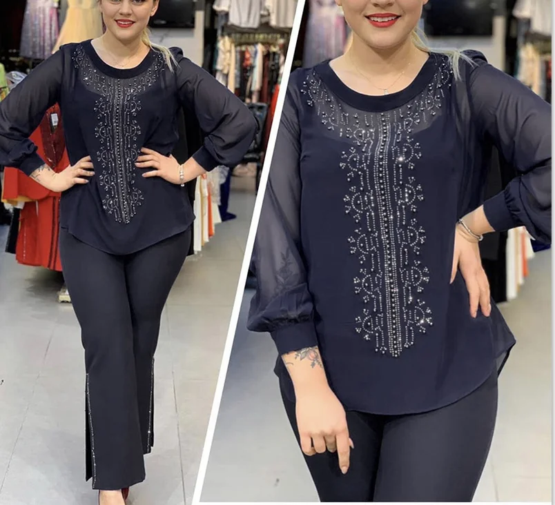

Casual 3-piece suit Crew Neck Chiffon diamond studded long sleeve wide leg pants summer suit, As showed