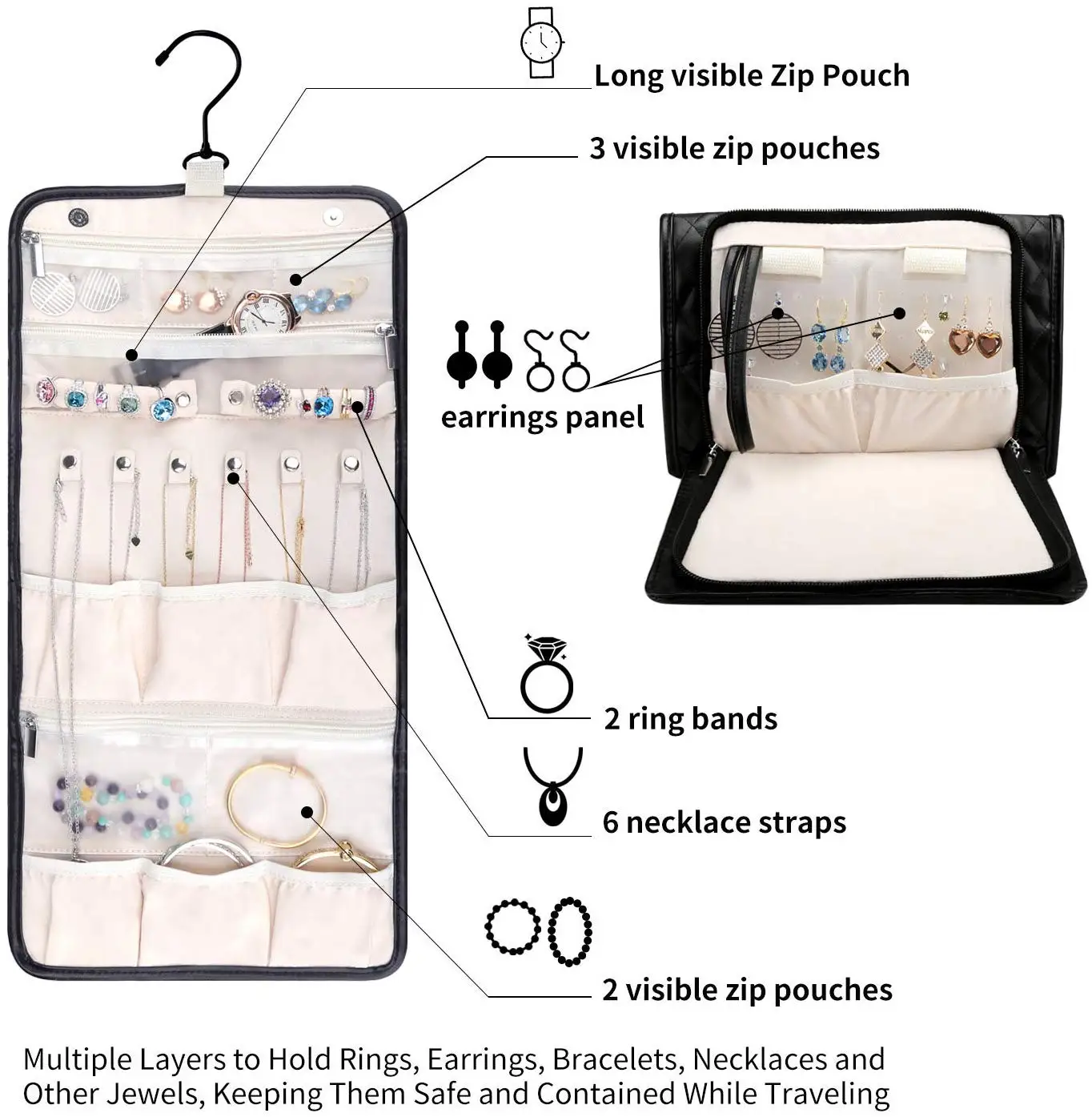 Pu Leather Hanging Travel Jewelry Organizer Roll Foldable Jewelry Case ...