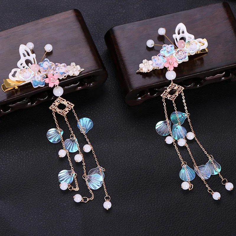 

Handmade 1 Pair Crystal Flower Bead Hair Clips with Tassel Women's Decoration Butterfly Design Hair Pins Accessories for Hanfu, White