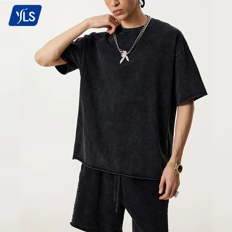 YLS1226 Unisex 285GSM Oversized T Shirt Cotton Fabric Raw Hem Snow Wash Vintage Tshirt Logo Custom for Men
