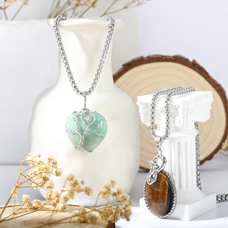 

HOVANCI New Fashion Natural Stone Rose Quartz Opal Crystal Winding Heart Pendant Necklace For Women