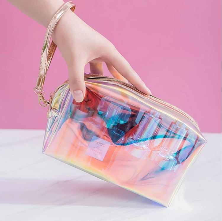 

New TPU Laser Bulk Cosmetic Bags Transparent Waterproof Wash Bag With Zipper Beauty Holographic Makeup Bag for Travel Toiletry