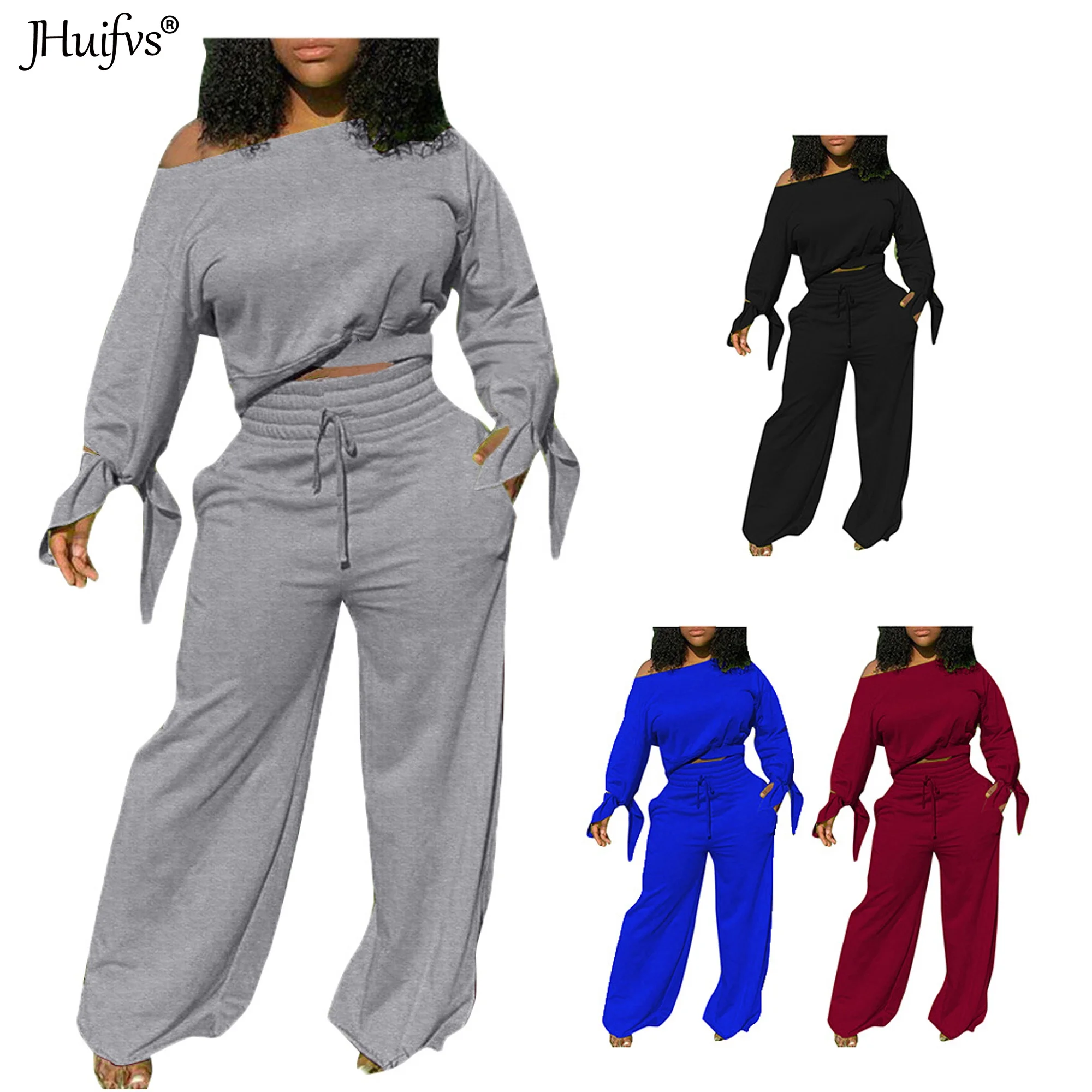 

2020 New Hot Sale Autumn Fashion Pure Color Personality Solid Long Sleeve Wide Leg Pants Two Piece Sets, 4 colors