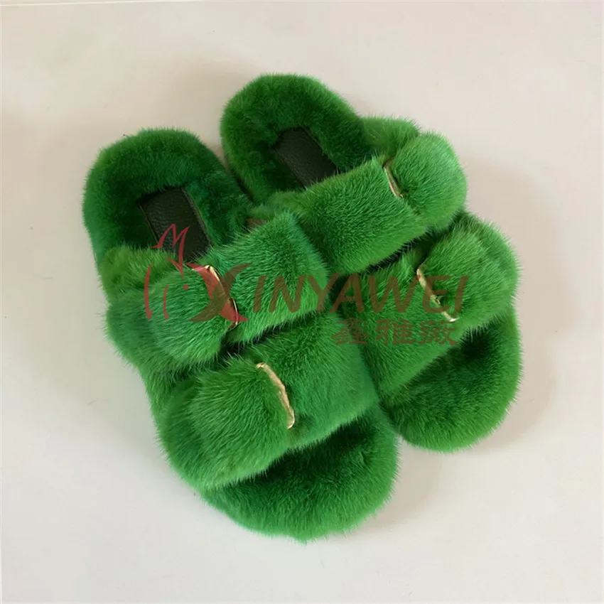 

New arrival cheap wholesale green print fur slipper Mink Fur Slides fur slippers