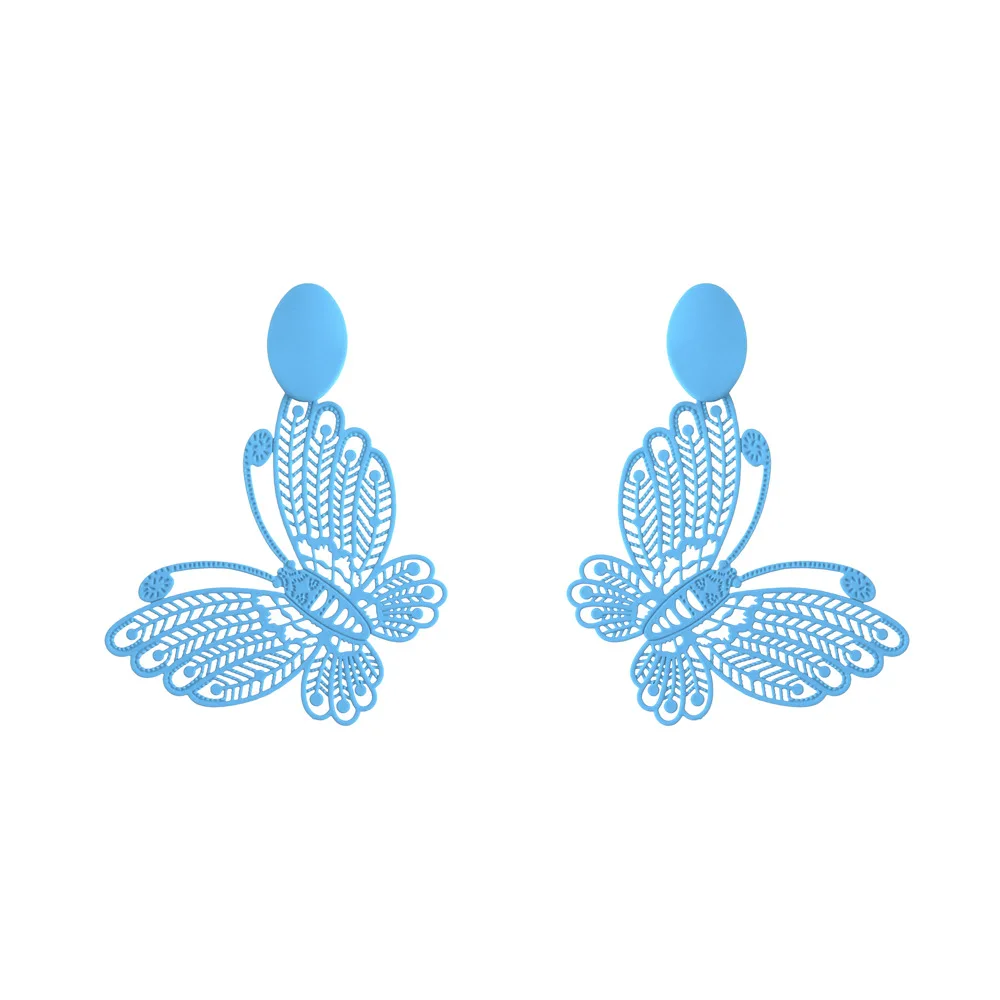 

Wholesale 2021 Trendy Earrings Amazon Hot Selling Blue Green Metal Hollow Butterfly Earrings Women, Green pink yellow blue