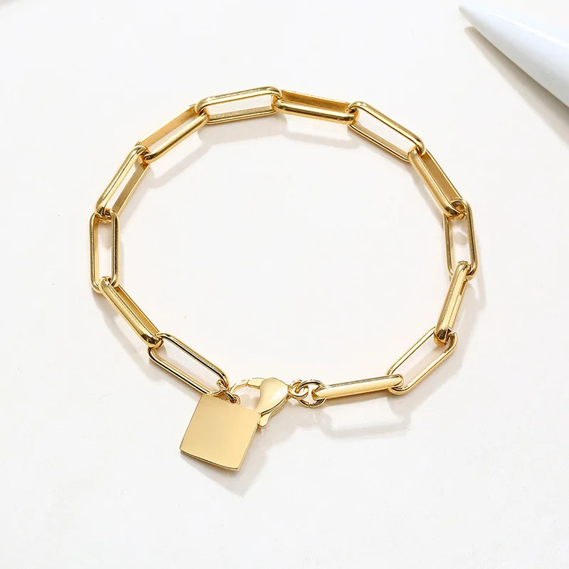 

Fashion Gold Plated Stainless Steel Square Charm Paper Clip Chain Bracelet Chain Link Toggle Clasp Square Bracelet, Gold, silver, rose gold
