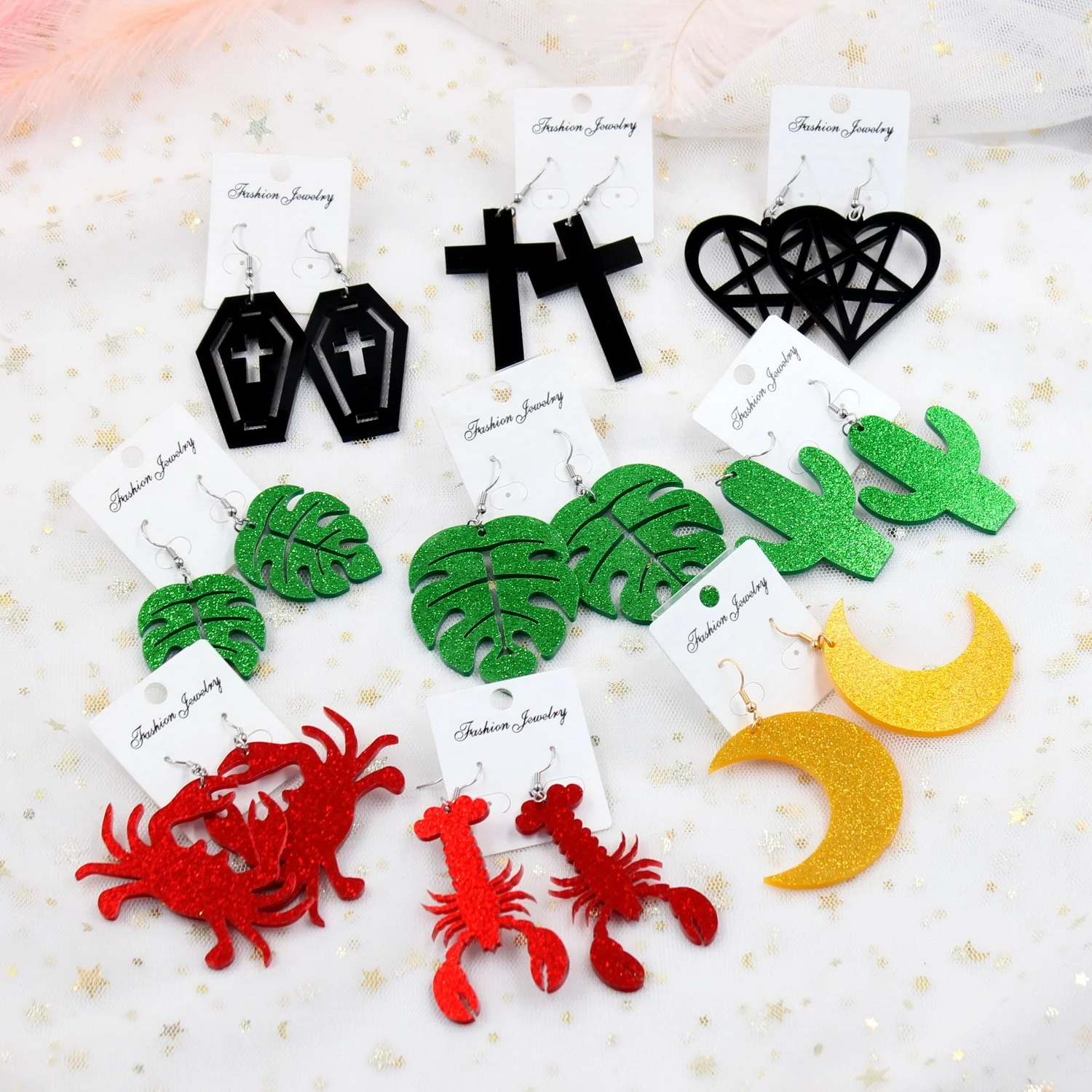 

ERS039AH006 Acrylic Pentagram Earrings Monstera Cactus Black Cross Earrings Crab Lobster Acrylic Earrings