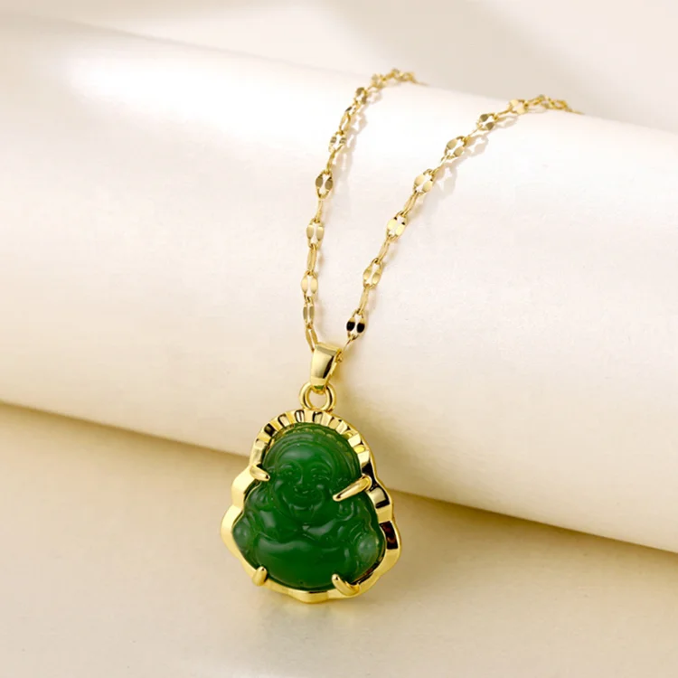 

Stainless Steel Chain Natural Green Jade Crystal Laughing Buddah Necklaces Religious Maitreya Pendant Buddha Necklace, As pictures