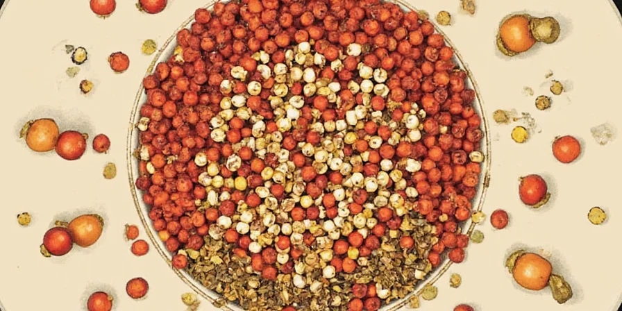 Spice rack with various peppercorns