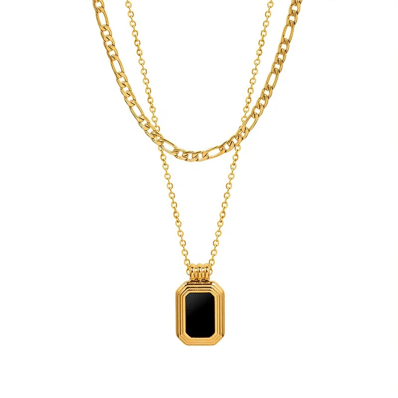 

Fashion Jewelry Stainless Steel Black Enamel Square Pendant Necklace 18k Gold Plated Clavicle Figaro Chain Necklace