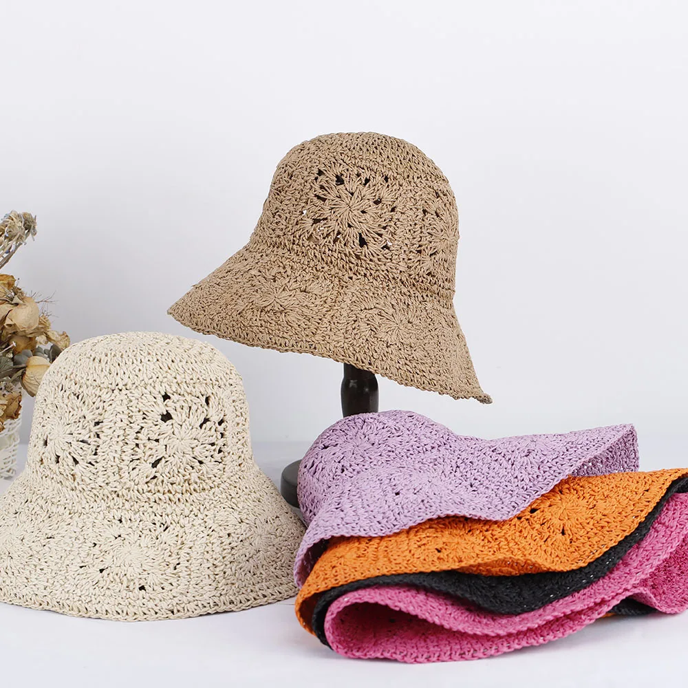 

Bohemian Handmade Knitted Flower Sun Bucket Hat Solid Color Foldable Wide Brim Summer Beach Straw Paper Crochet Hat