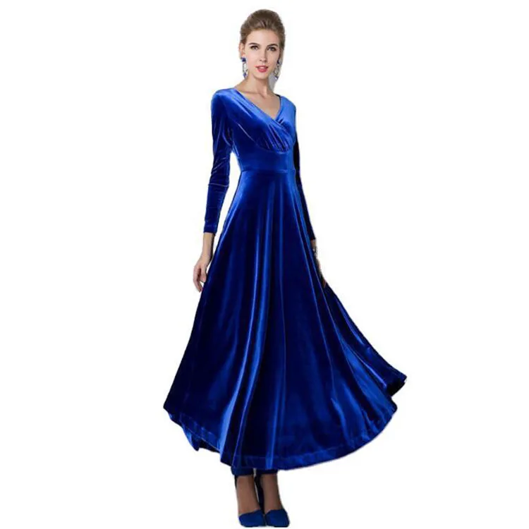 

Autumn And Winter Solid Color Long-sleeved Velvet V-neck Long Dresses