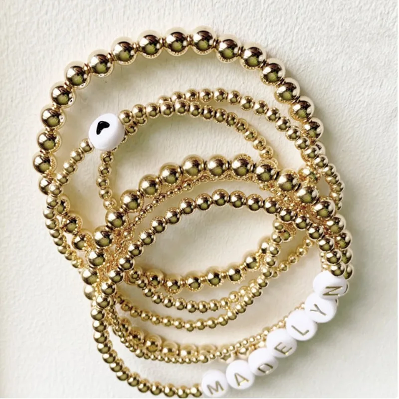 

Women Mens Personalized Custom Gold Filled Stackbale Word Beaded Bracelets,Layering 4mm 5mm Gold Bead Name Bracelets