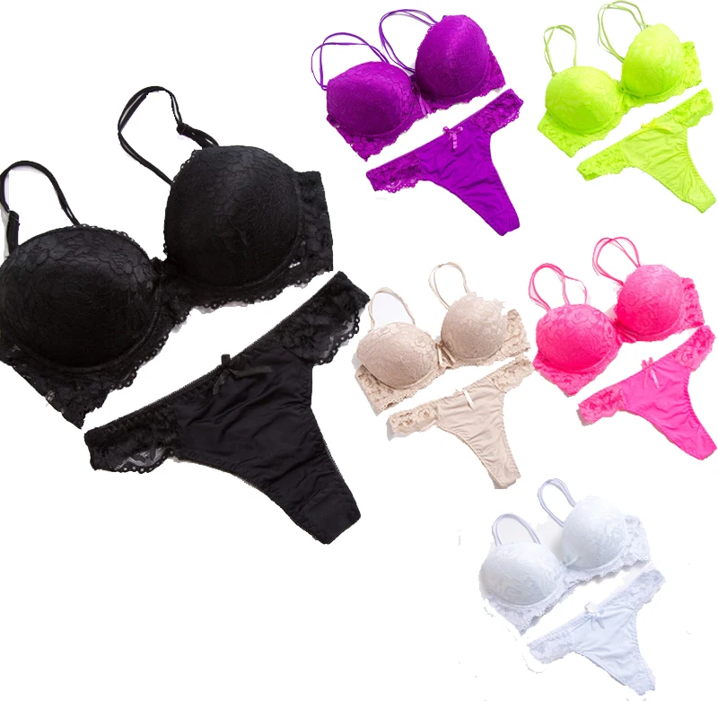 

2021 High Quality Solid Color Lace Bra And Thong Panties Sexy Women Plus Size Lingerie Two Piece Underwear Set, As shown