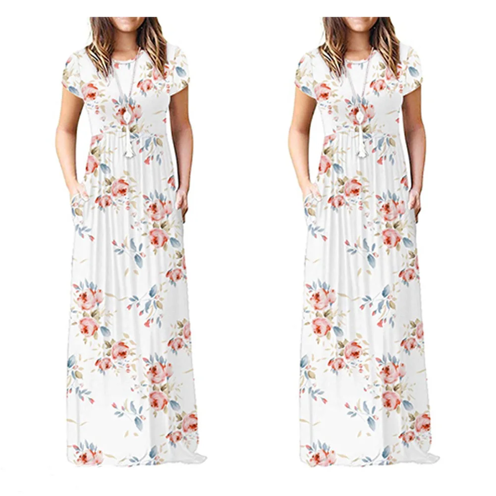 

Women Short Sleeve Loose Plain Casual Long Vestido Maxi Dresses with Pockets